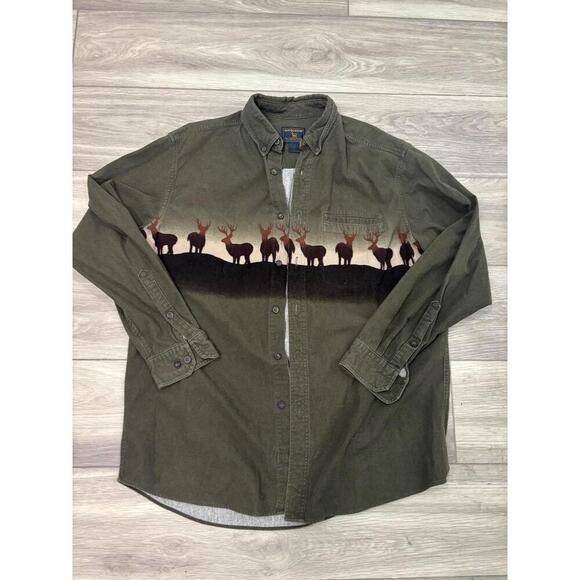 WOOLRICH Mens Button Up Shirt Size XL Dark Green Deer Print Outdoor Vintage - Picture 1 of 3